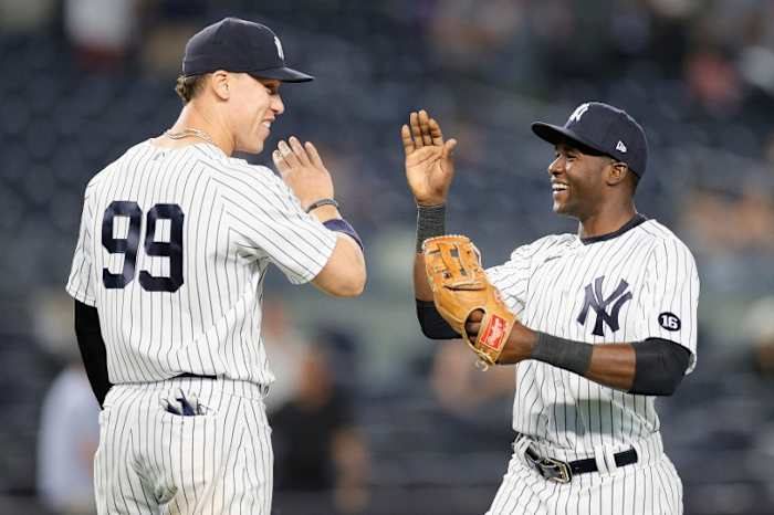 Yankees Estevan Florial high fives Aaron Judge